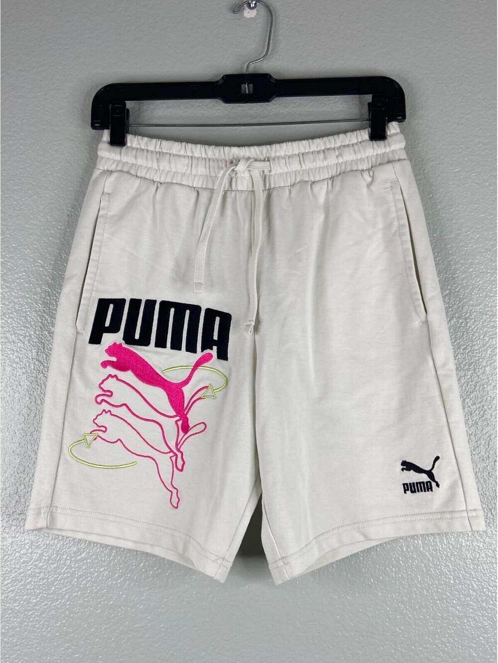 Puma Men Small Embroidered Logo White Shorts Drawstring Athletic